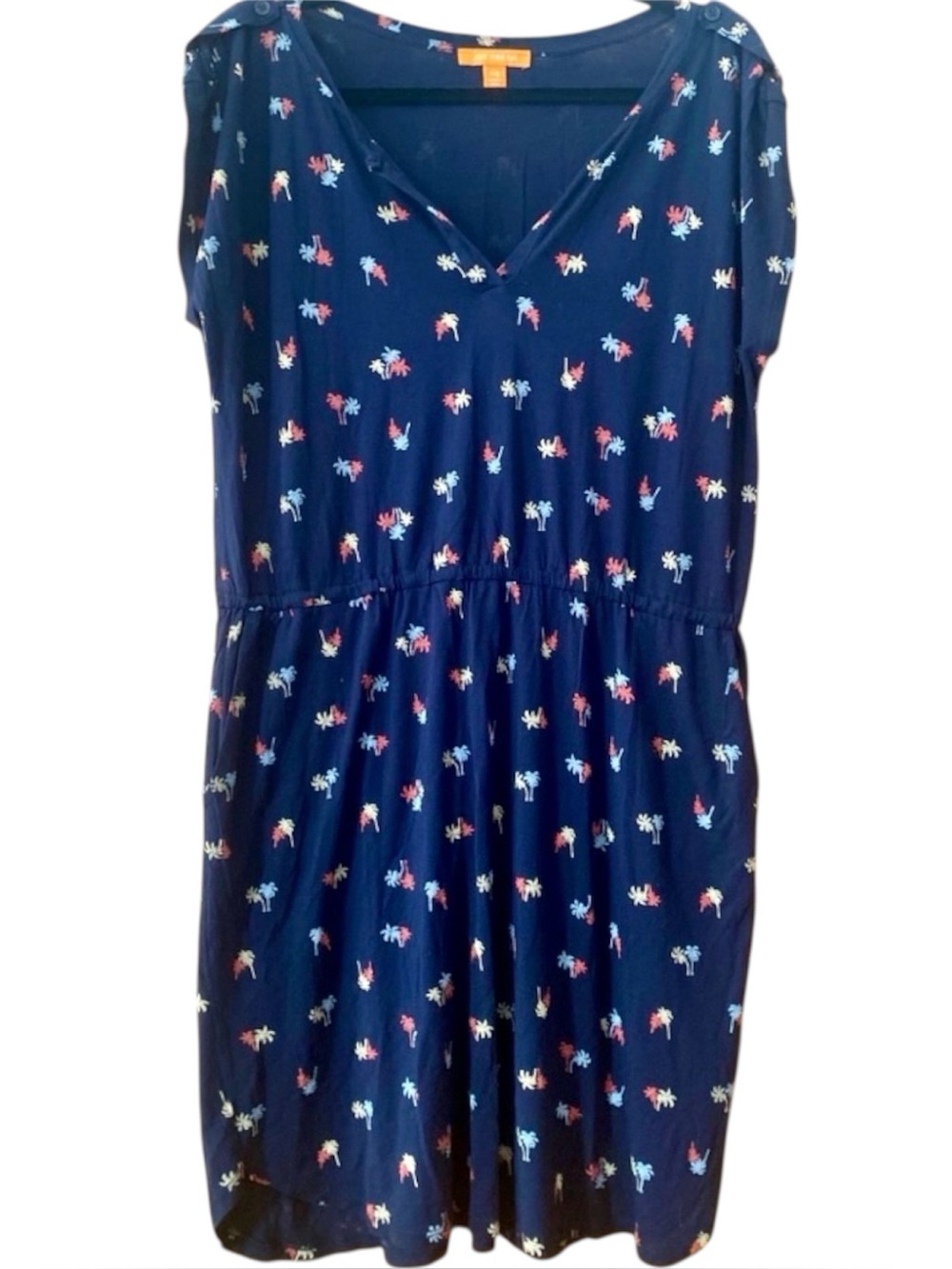Joe Fresh Tropical Palm Print Midi Dress Large Navy Blue Resort Vacation Rayon